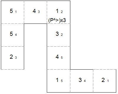template for square tetraflexagon with generating sequence (P^>)x3